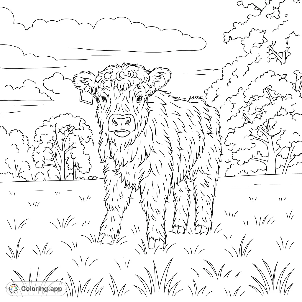 A charming Highland calf stands in a grassy field, ready for vibrant colors. A free printable farm animal coloring page for all ages.