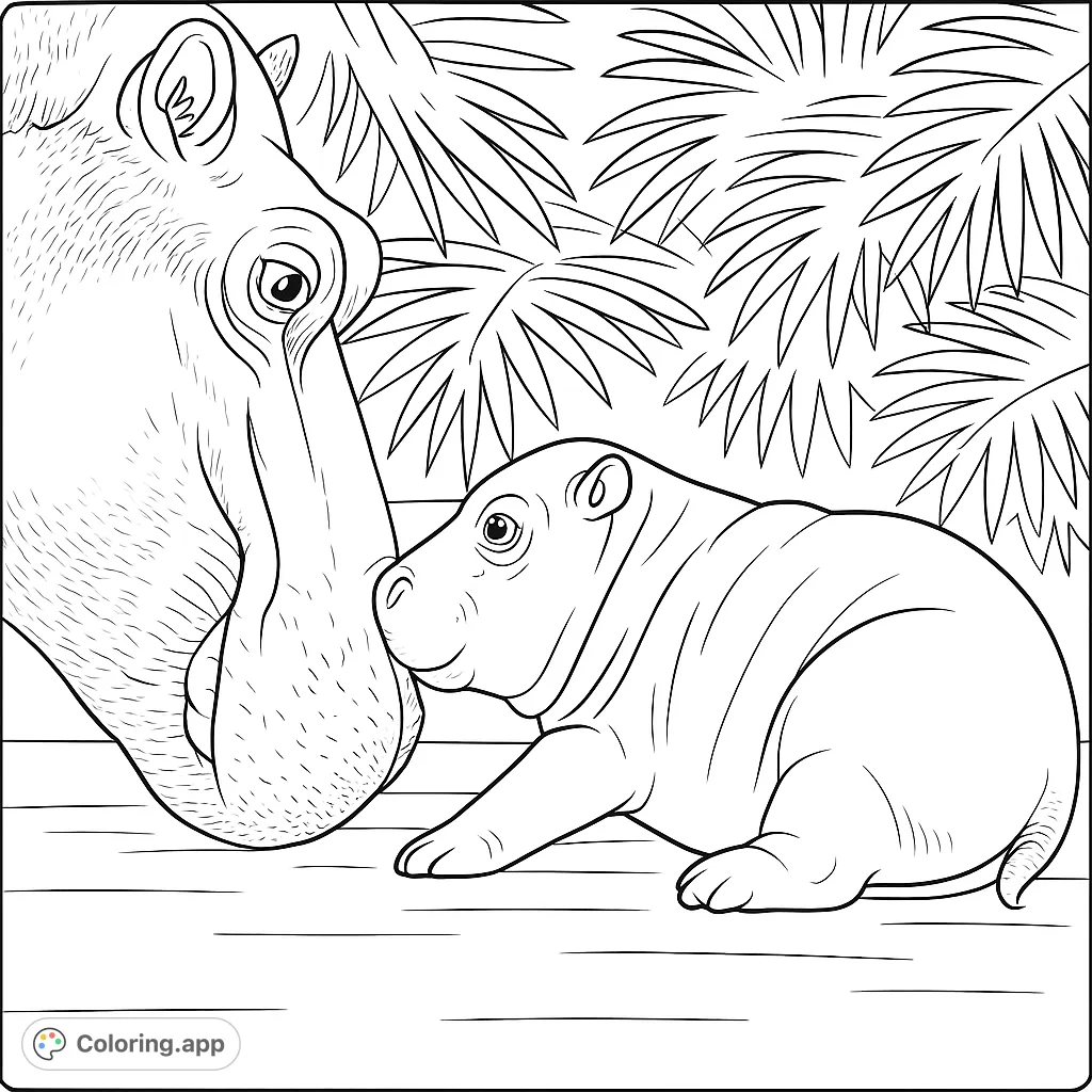 An adorable hippo and its calf share a tender moment in a lush jungle setting. A heartwarming free printable hippo coloring page for all ages.