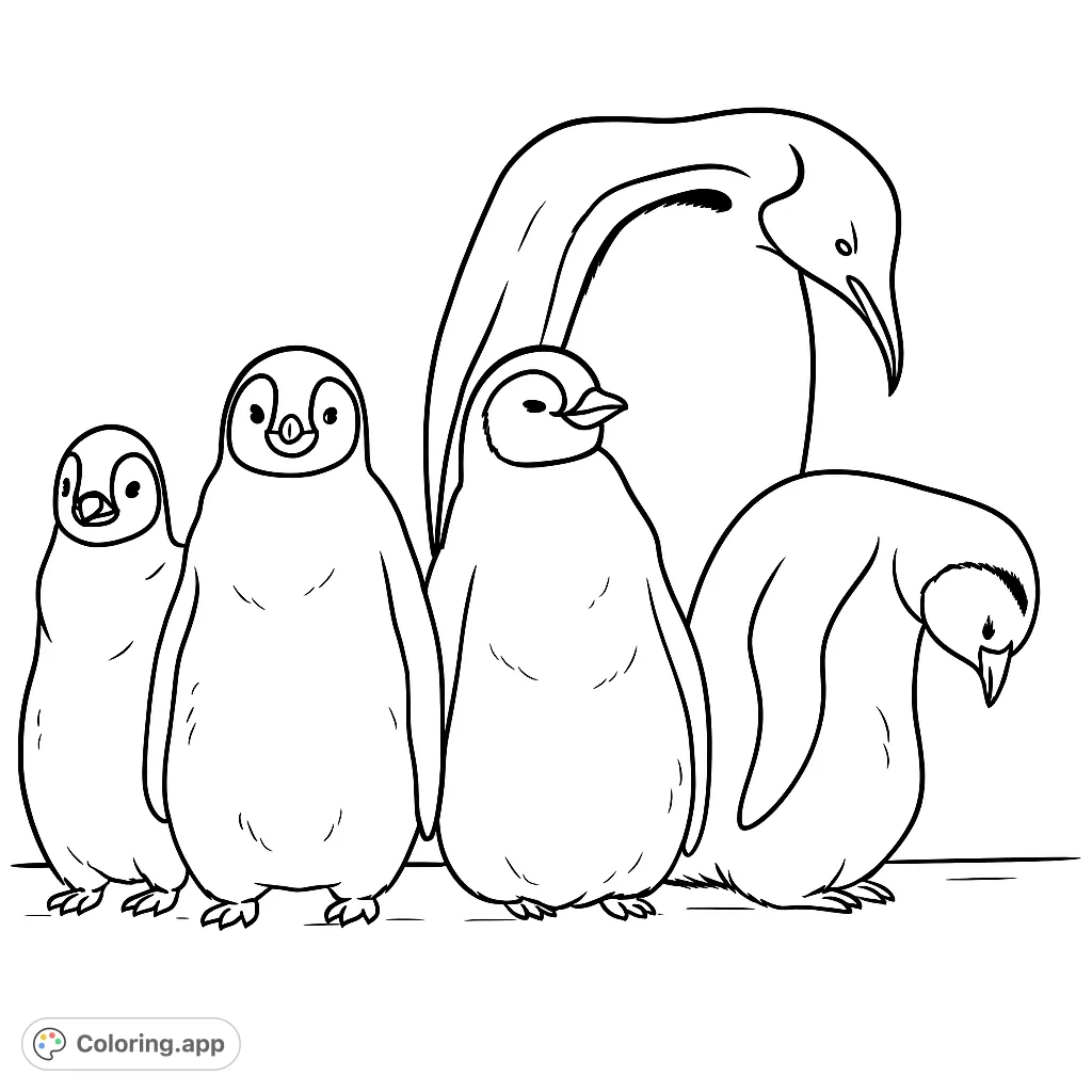 An adorable penguin family coloring page featuring five charming penguins, perfect for all ages. Free printable fun for kids and adults!