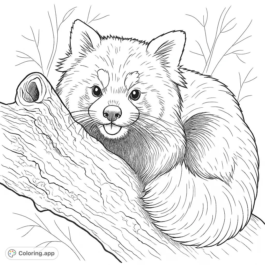 A delightful red panda peeks over a textured tree branch, ready for vibrant colors. A charming free printable red panda coloring page for all ages.