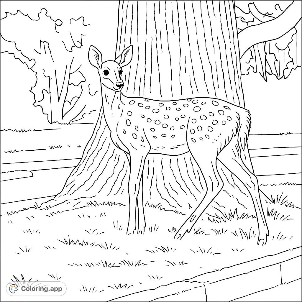 A charming spotted fawn stands gracefully by a large tree, surrounded by lush forest foliage. A delightful nature coloring page for all ages.