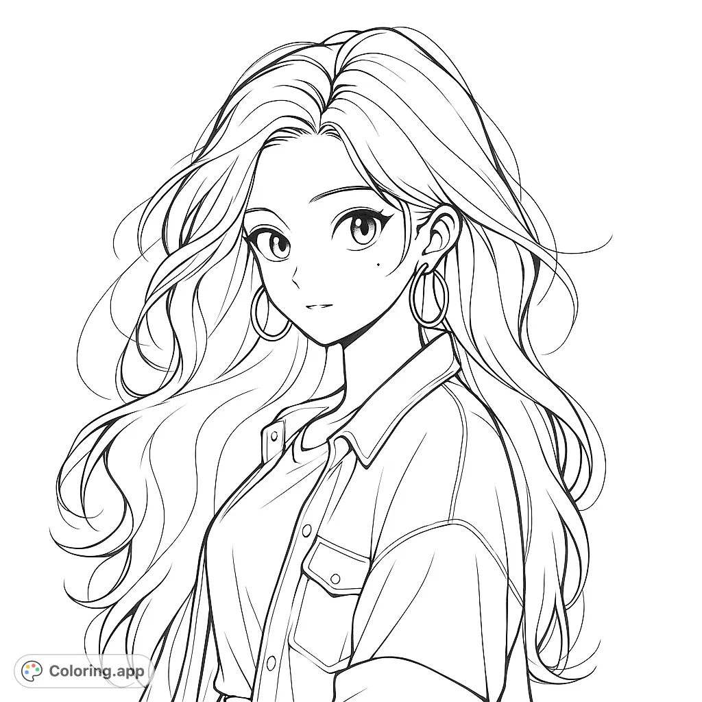 Captivating anime girl with flowing wavy hair, stylish collared shirt, and hoop earrings. A free printable anime girl coloring page for all ages.