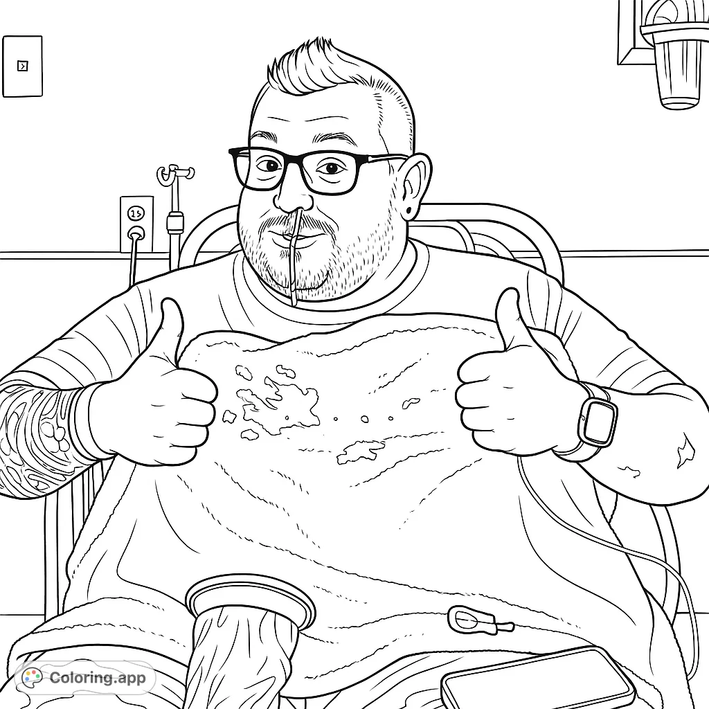 A resilient man in a hospital bed gives two thumbs up, featuring medical details and a positive spirit. A free printable hospital patient coloring page for all ages.