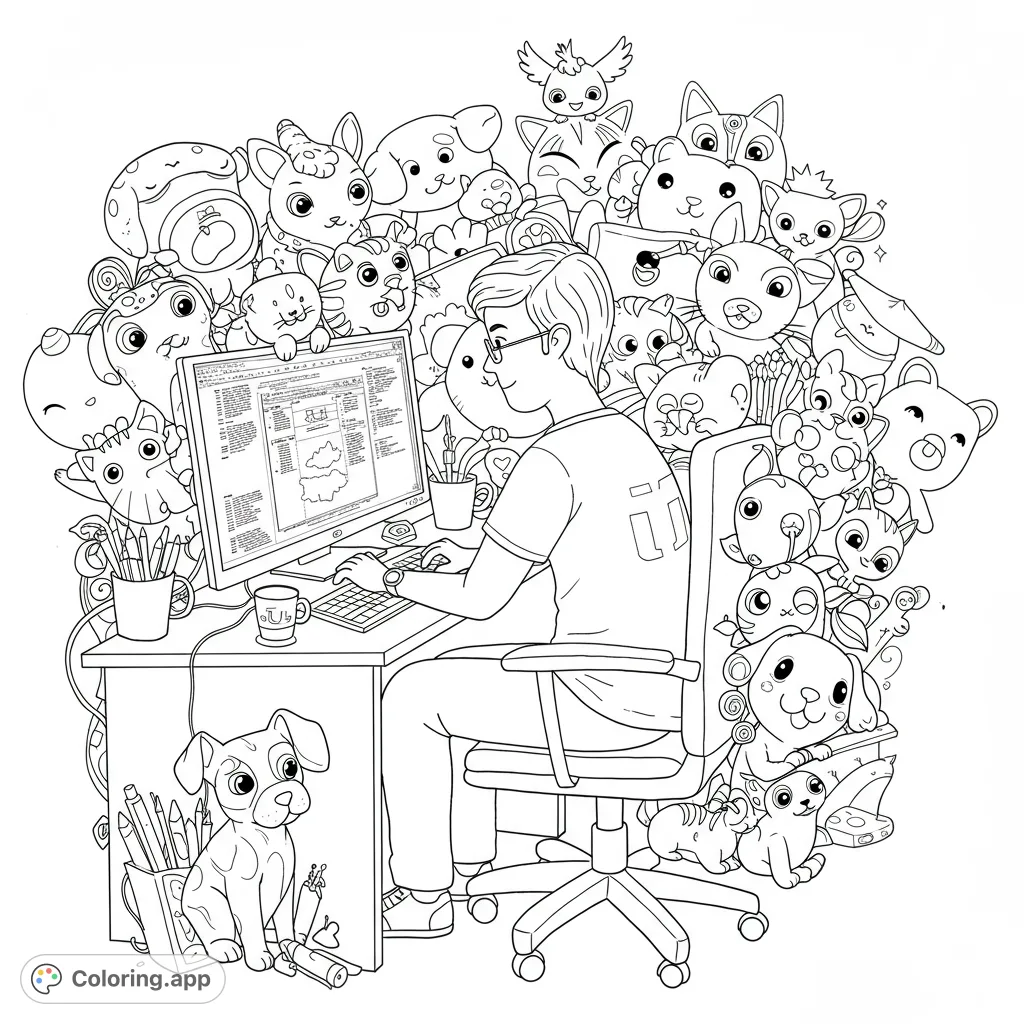 A detailed IT-themed coloring page featuring a coder at a desk surrounded by a whimsical array of cute, cartoon animals. Perfect for tech enthusiasts and animal lovers.