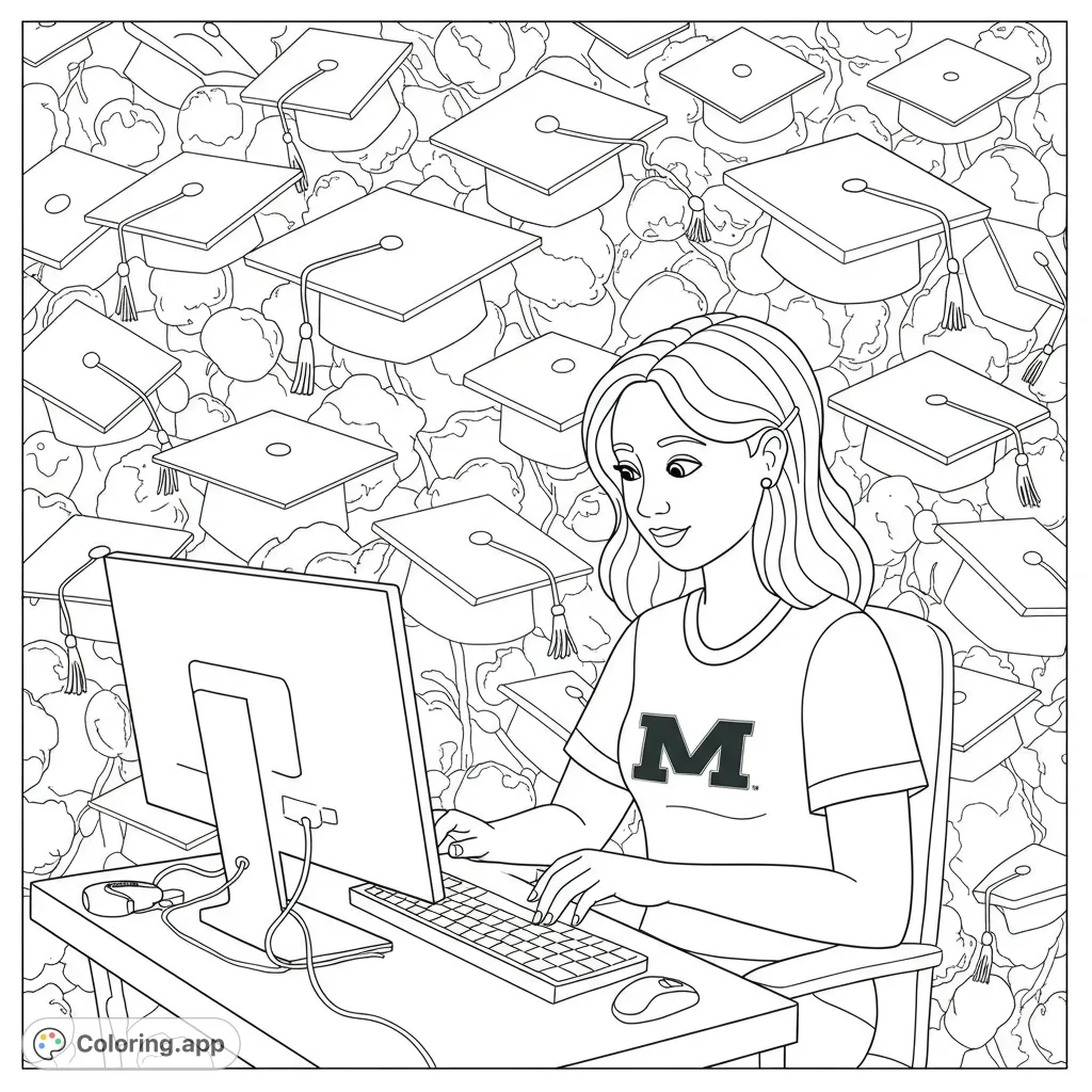 A dedicated student at her computer, surrounded by floating graduation caps, symbolizing academic success and future achievements. Perfect for aspiring graduates.