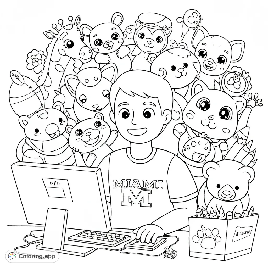 A cheerful student at a computer desk, surrounded by an adorable array of plush animal friends. A fun, free printable coloring page for kids and adults.