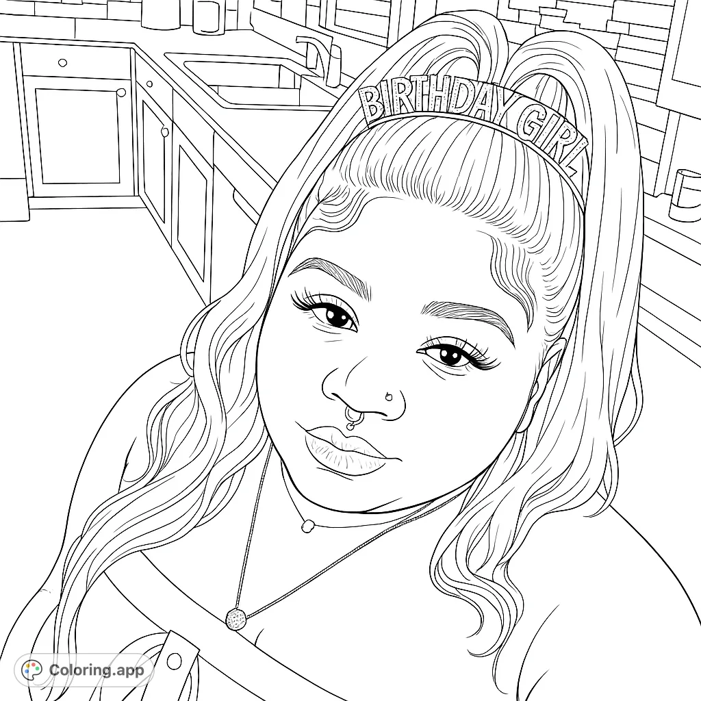 Celebrate with this fun birthday girl selfie coloring page! Features a person with a 'BIRTHDAY GIRL' tiara, long hair, and a kitchen background. Free printable for all ages.