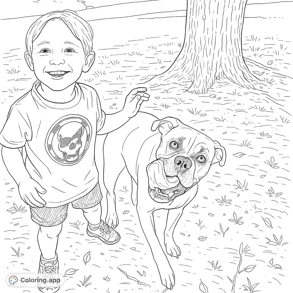 A heartwarming boy and dog coloring page featuring a smiling child and his happy canine companion in a park setting. Perfect for pet lovers!