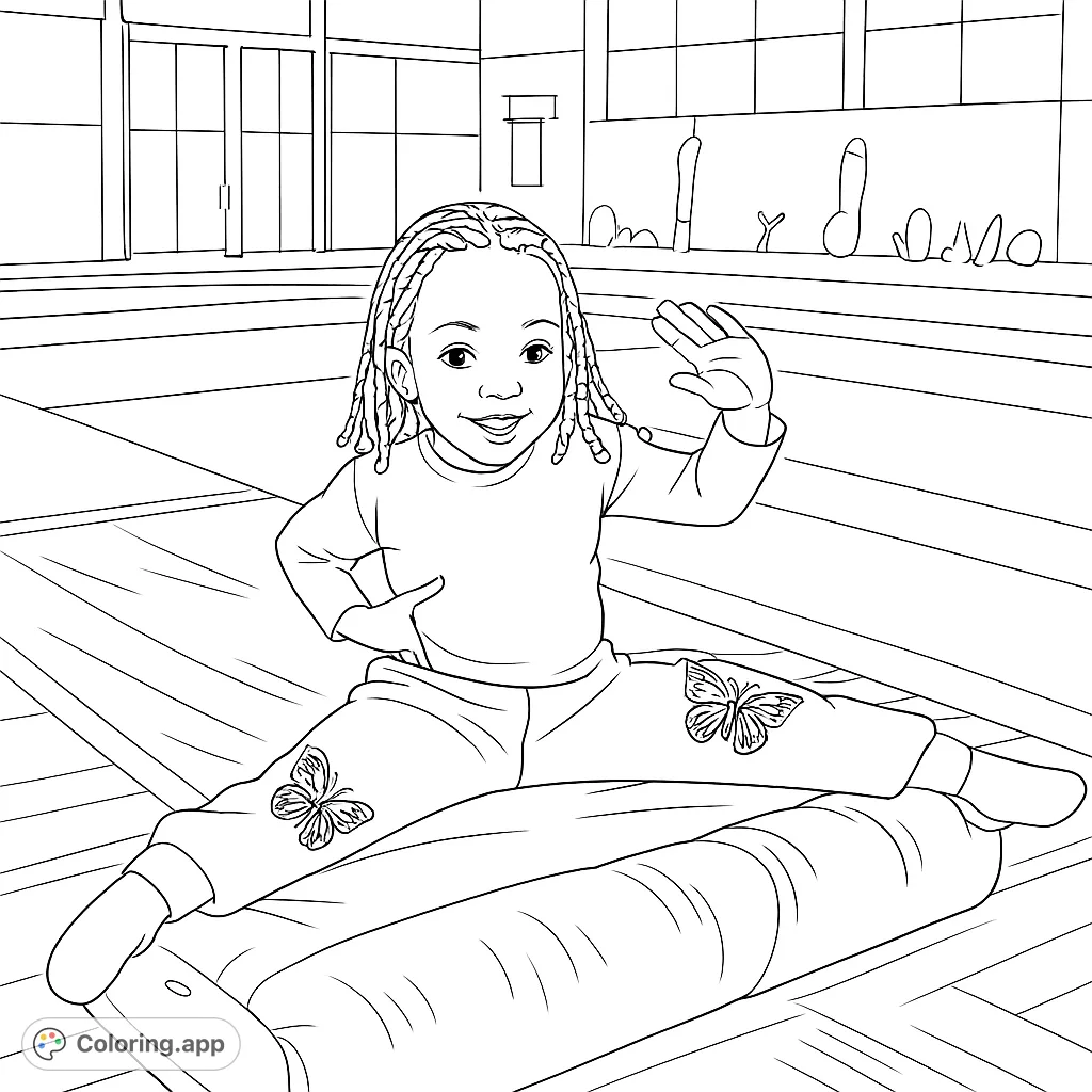 A joyful child with braided hair waves from a soft mat, wearing butterfly-adorned pants. A delightful and engaging free printable kids coloring page.