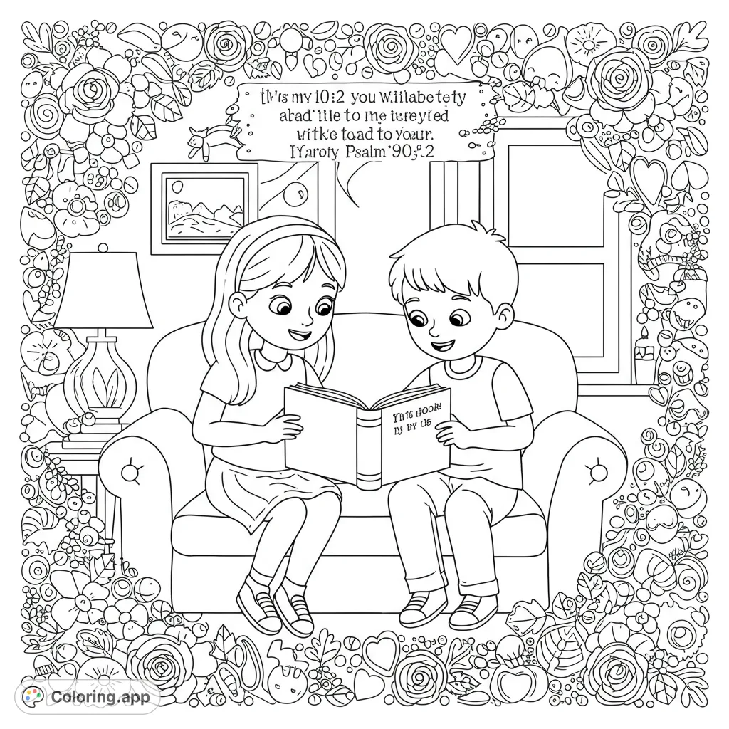 A heartwarming scene of two children sharing a book on a cozy couch, framed by an intricate floral border. Perfect for family and reading fun.
