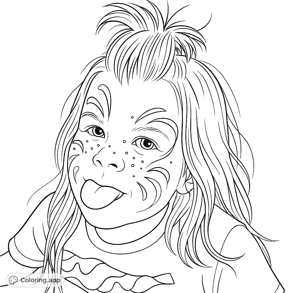 A delightful face paint coloring page featuring a playful child with intricate designs on their cheeks and a fun expression. Free printable coloring page for kids.