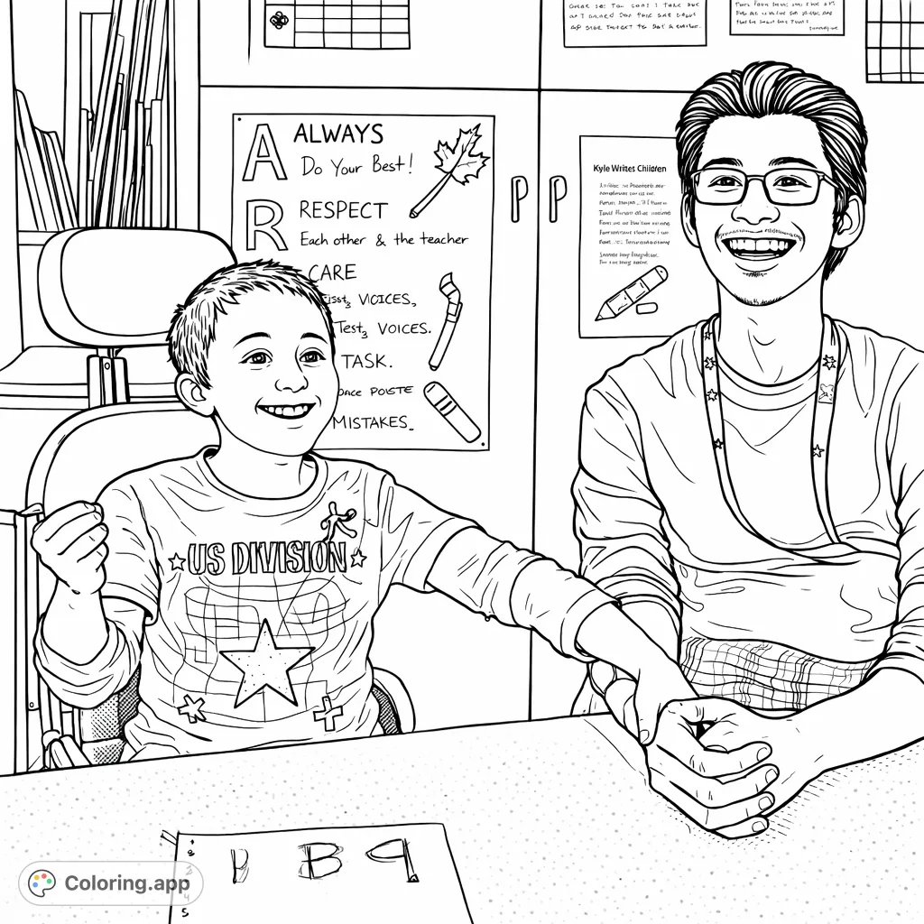 A heartwarming classroom scene featuring a smiling child and adult holding hands, surrounded by motivational artwork and academic details. Perfect for celebrating connection.