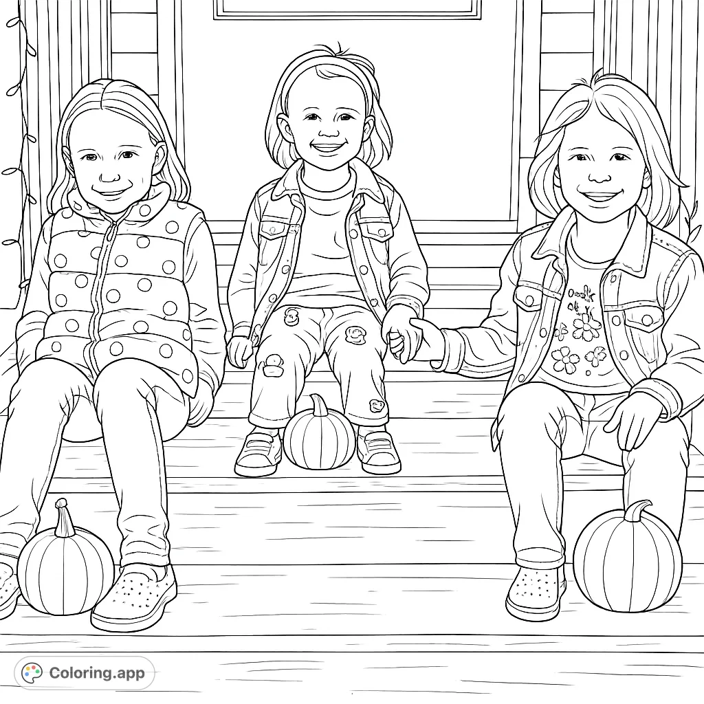 A heartwarming scene of three smiling children seated on wooden steps, surrounded by pumpkins. Capture the cheerful spirit of friendship and seasonal joy.