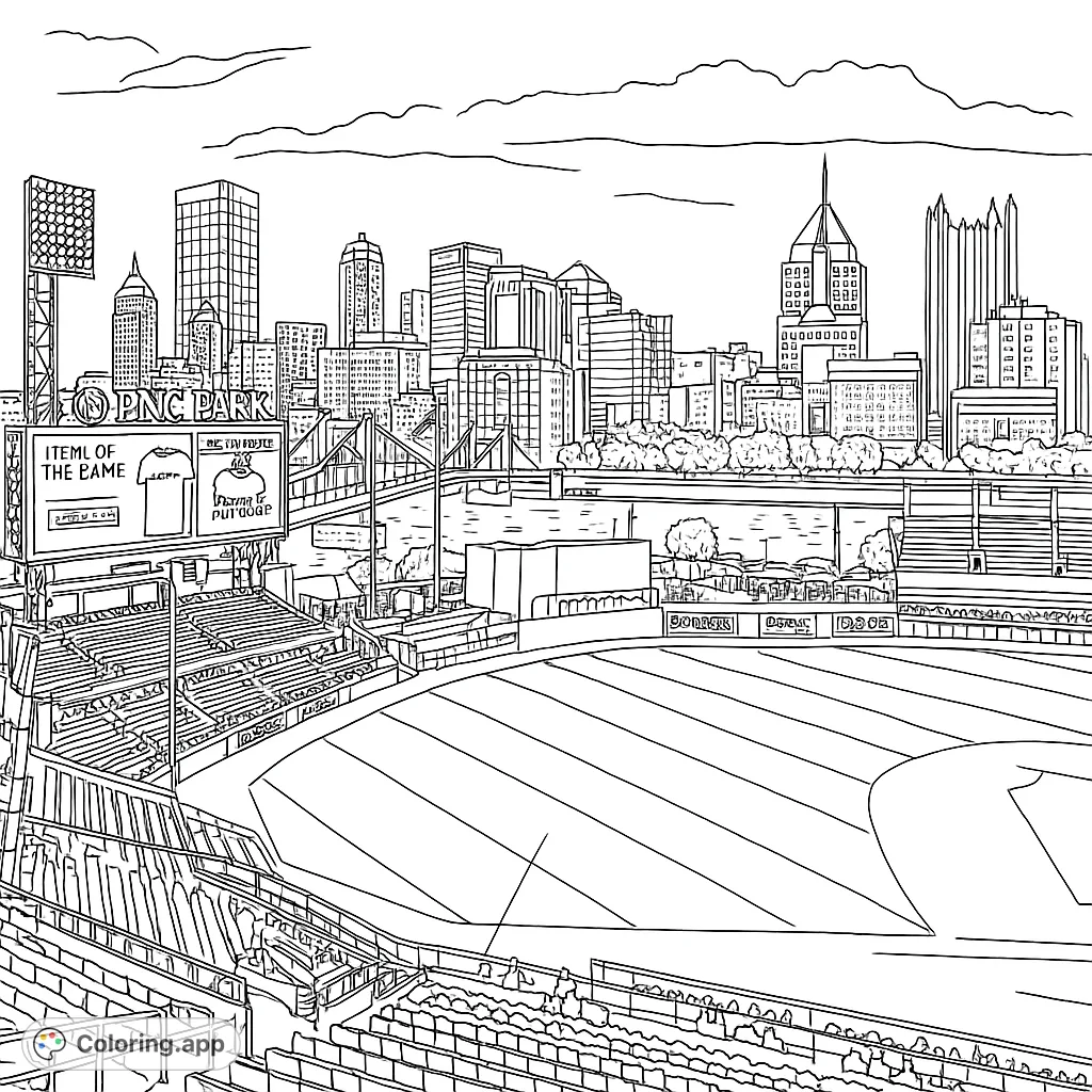 Color a dynamic baseball stadium and city skyline. Features iconic architecture, stadium seating, and a river view. Perfect for sports and city fans!
