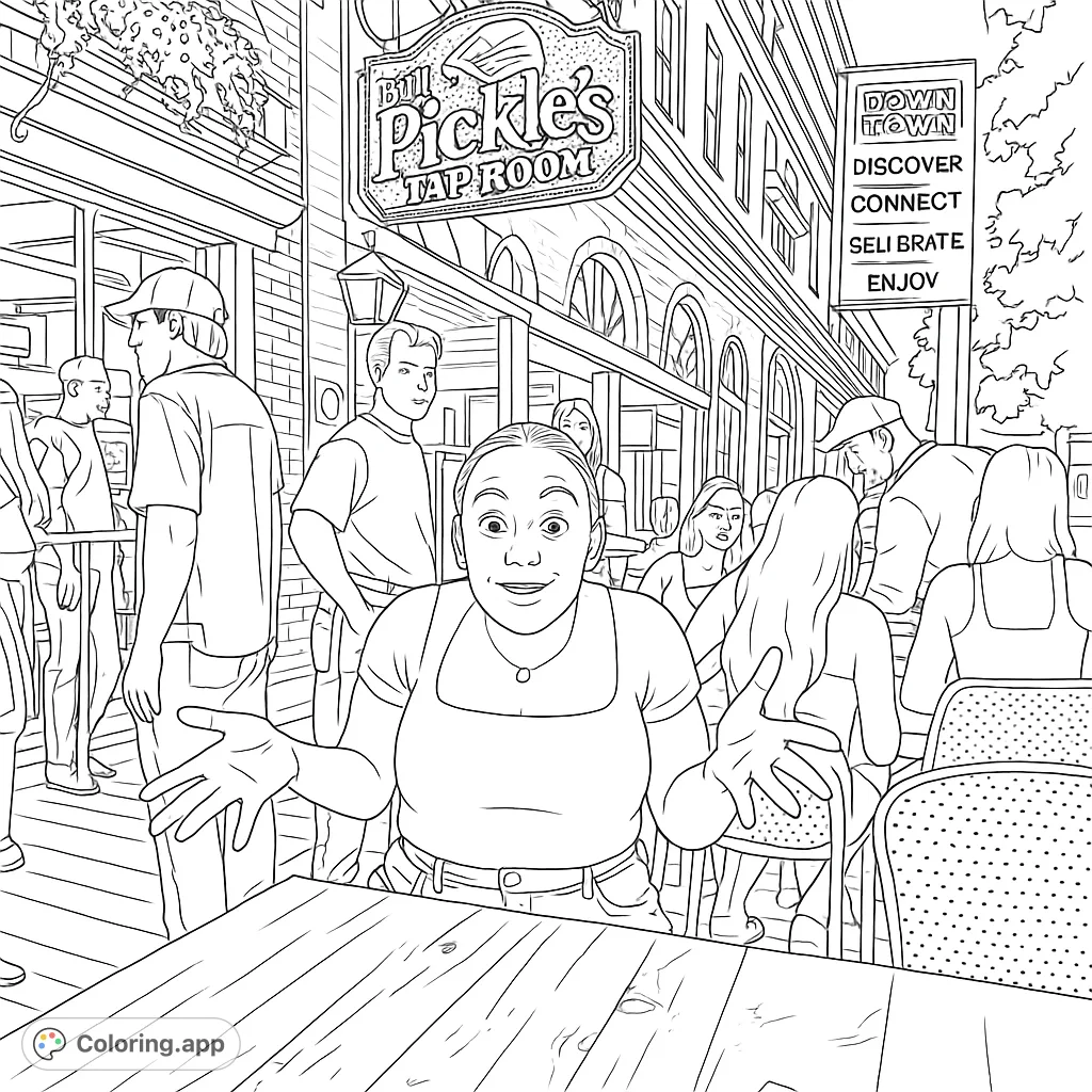 A lively downtown street scene featuring a welcoming woman at a cafe table, surrounded by people and a charming taproom. Perfect for urban coloring fun!