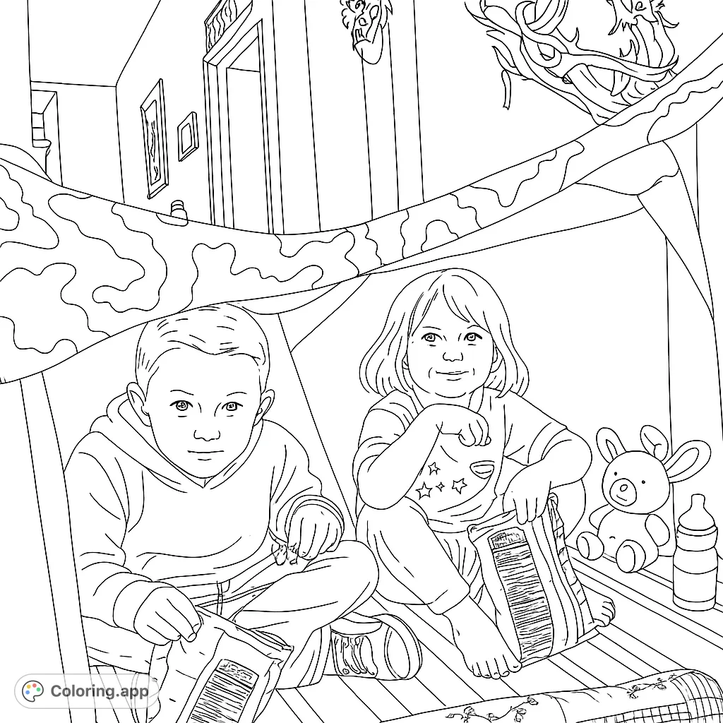 Dive into a cozy blanket fort adventure! Two kids enjoy snacks inside their homemade hideaway, complete with a stuffed bunny. A fun, free printable coloring page for all ages.