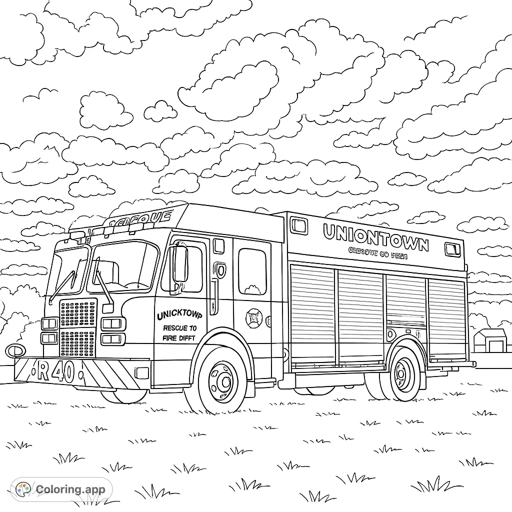 A detailed fire truck coloring page, perfect for vehicle enthusiasts. Features a large rescue pumper under a sky full of fluffy clouds.
