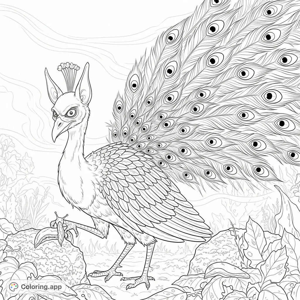 Discover Ash, the eerie peacock, in a haunted garden. His intricate feathers, pointy ears, and piercing eyes create a mysterious scene, perfect for spooky coloring fun.