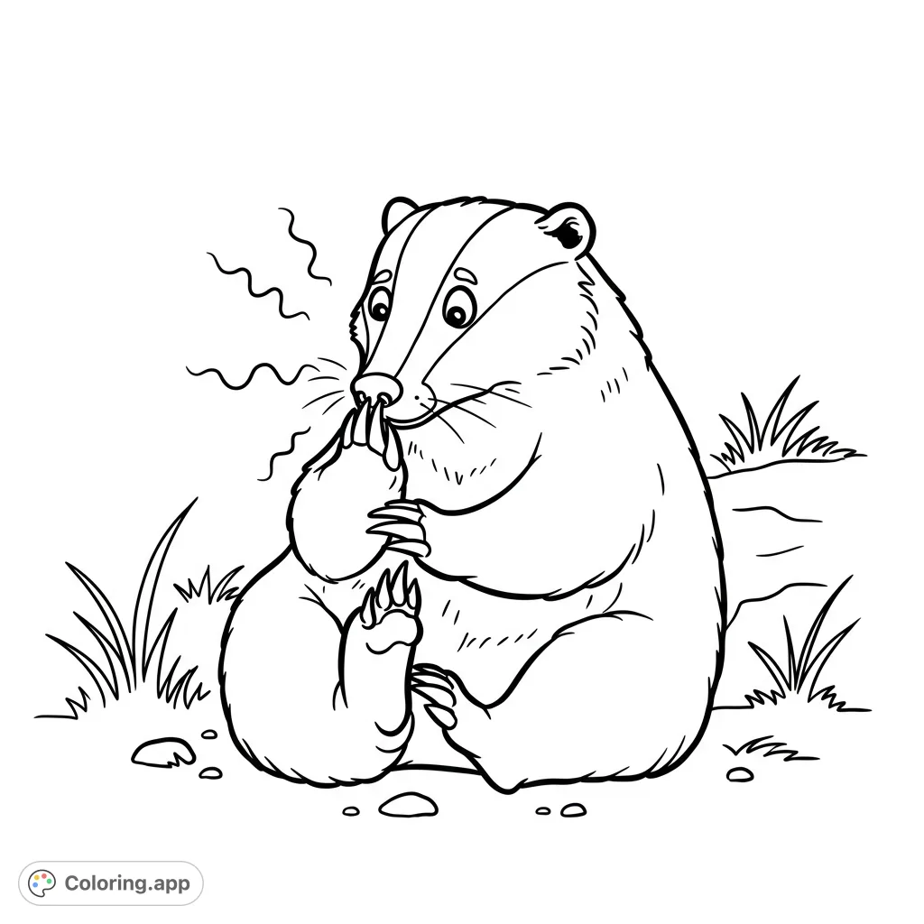 A humorous badger recoils from its own foot, emitting wavy scent lines. A unique and funny animal coloring page for all ages.