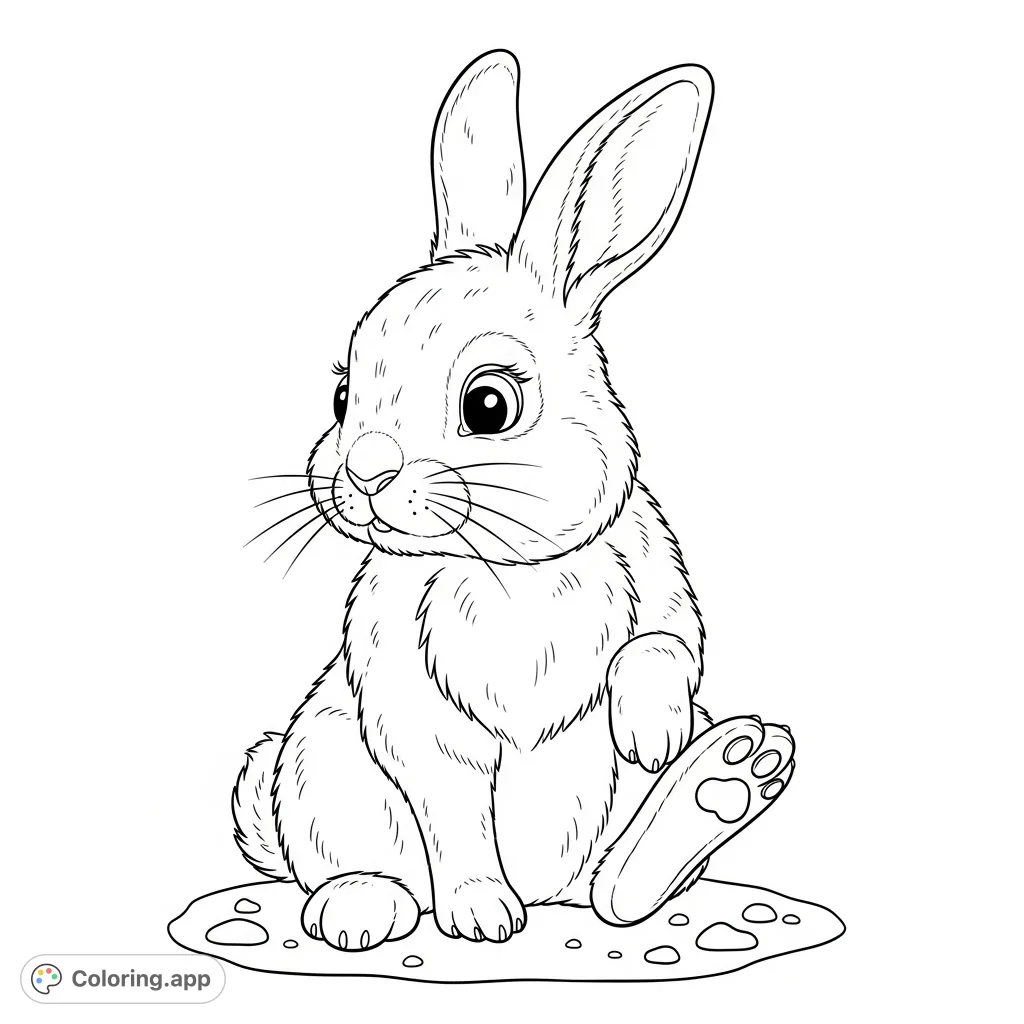 A charming rabbit coloring page featuring a fluffy bunny with a curious expression, examining its detailed paws. Perfect for animal lovers!