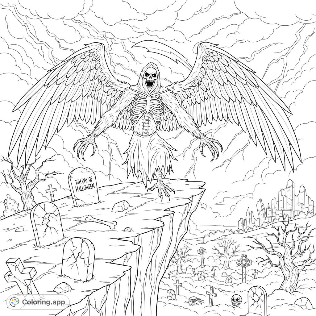 An ominous Grim Reaper with massive wings overlooks a mist-covered graveyard and ruins from a jagged cliff, with lightning illuminating the spooky scene.