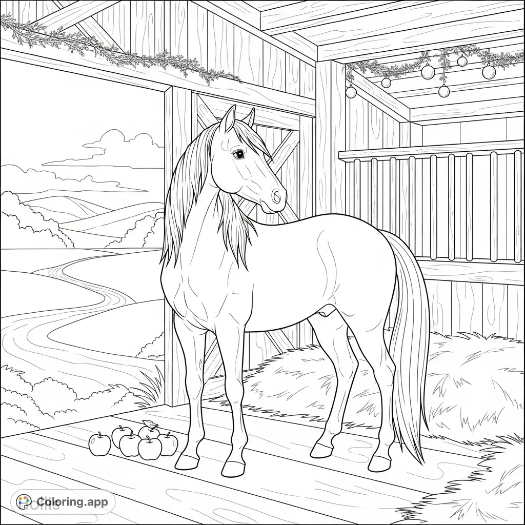 A graceful mare, Hollis, stands thoughtfully in her cozy barn, gazing at crisp apples and dreaming of adventures beyond, amidst subtle holiday decor.