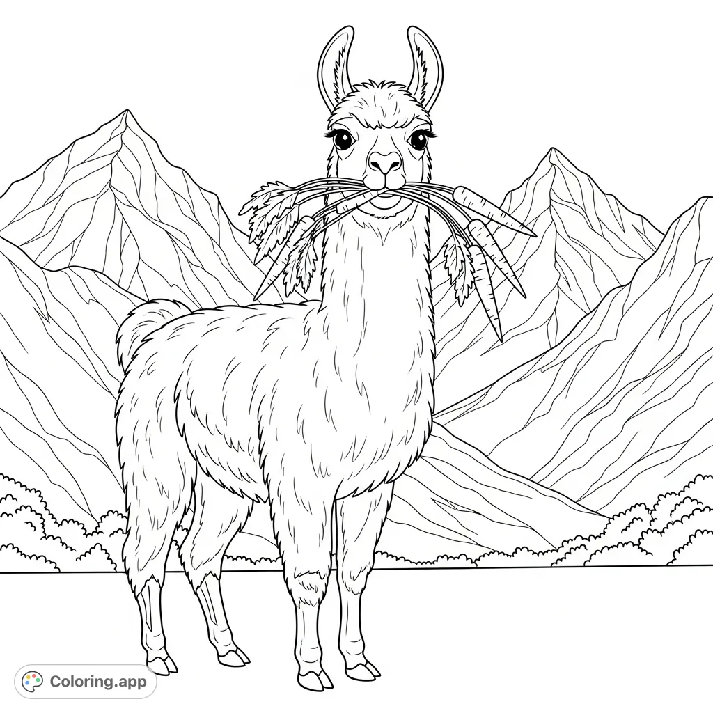 Meet Holly, the adorable llama, enjoying crunchy carrots amidst majestic mountains. A charming mountain llama coloring page for kids and adults.