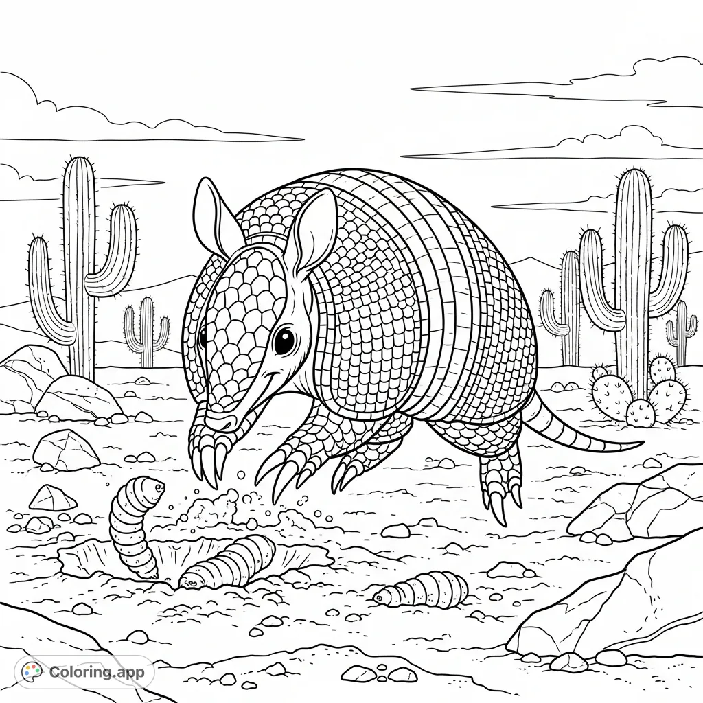 Join Hope, the lively armadillo, as she digs for grubs in the Arizona desert. A free printable armadillo coloring page, perfect for nature enthusiasts!