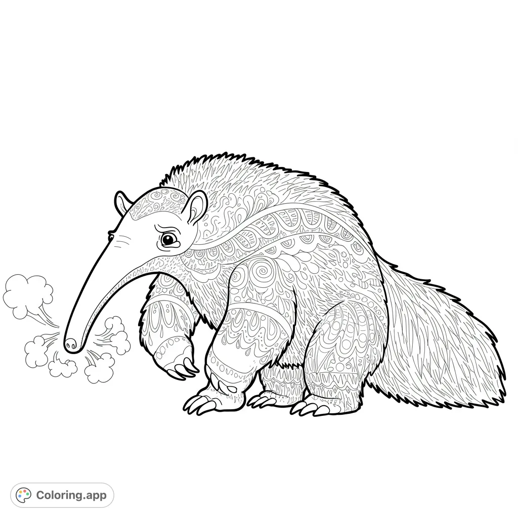 Detailed anteater with intricate patterns, perfect for a relaxing coloring experience. Free printable anteater coloring page for all ages and skill levels.