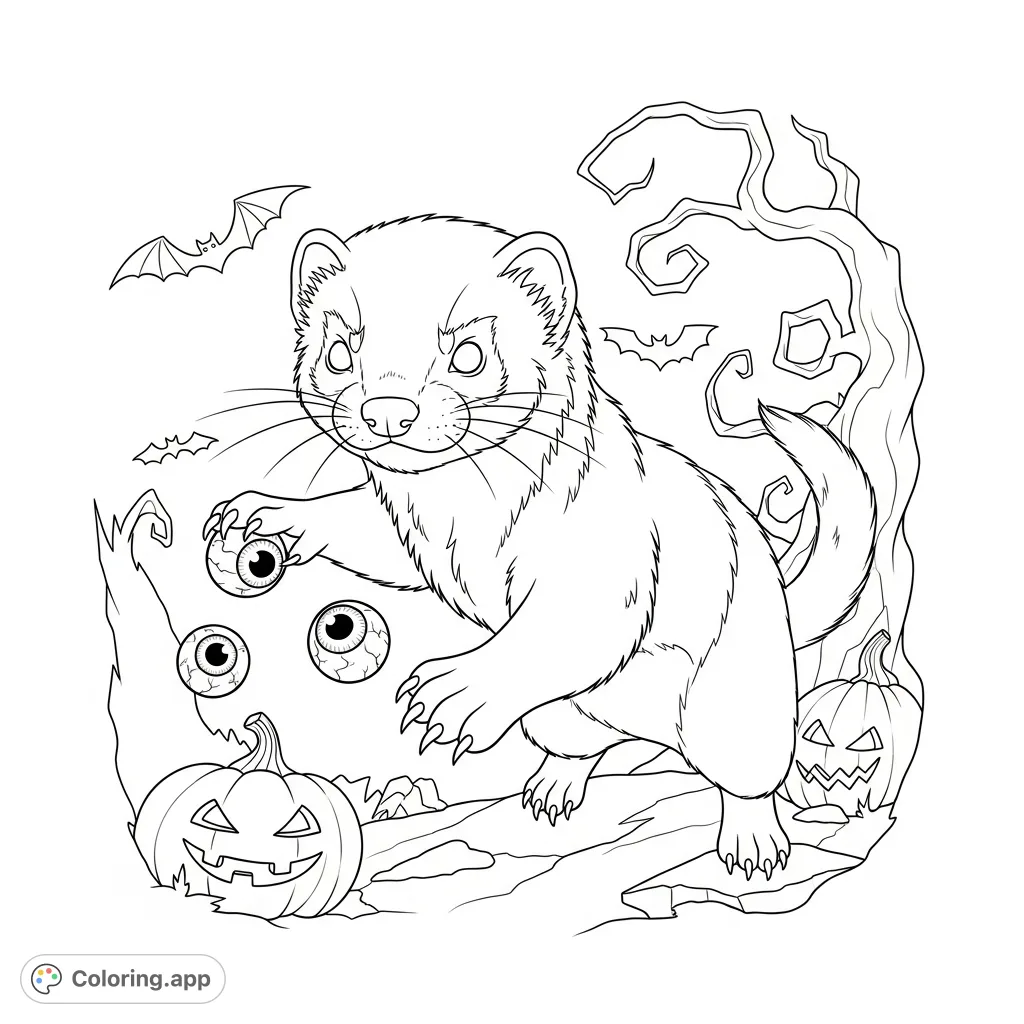 Join Jack, the daring ferret, on a spooky Halloween adventure! This free printable coloring page features Jack with his sharp claws and favorite juicy treats.
