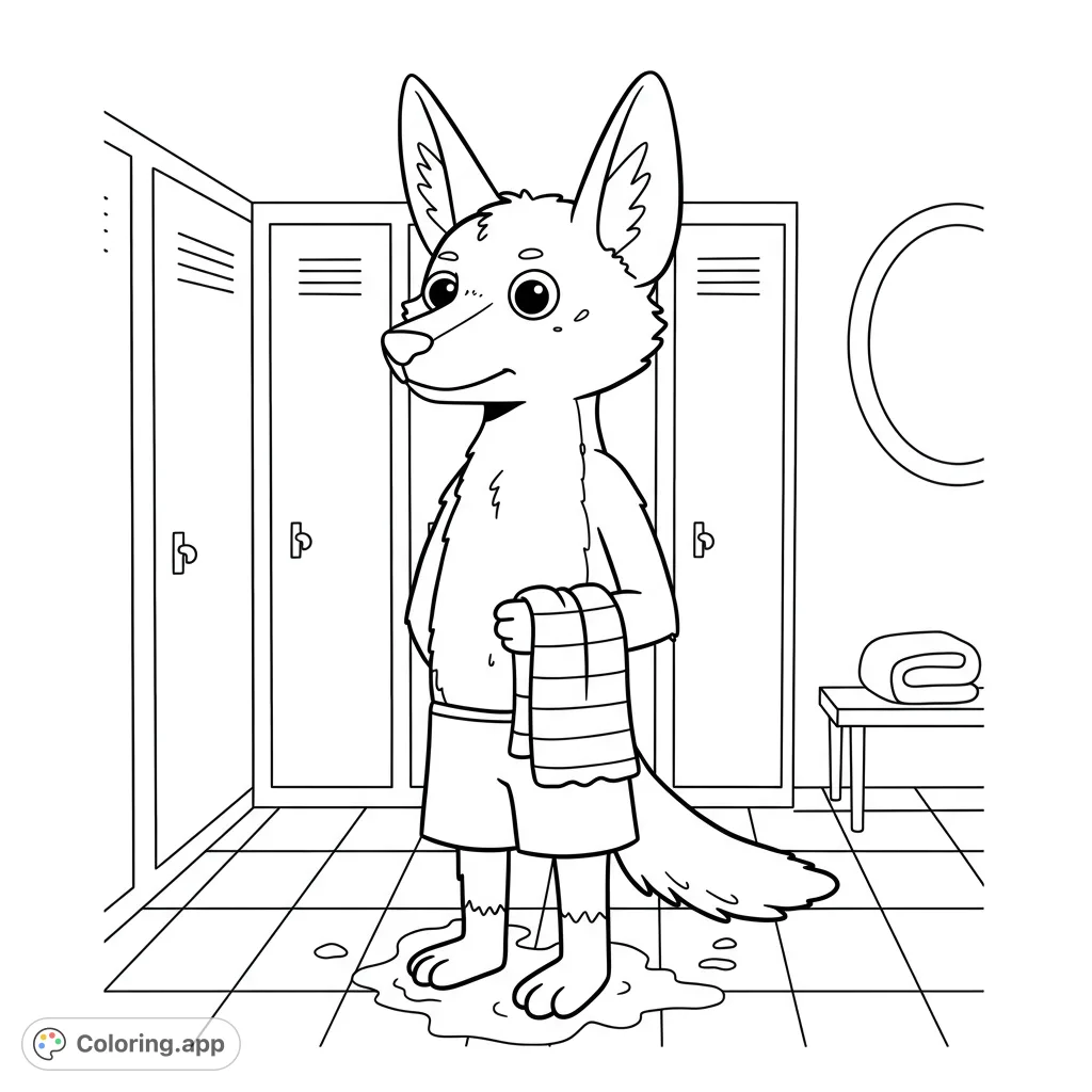 A funny jackal in a locker room after the beach, with distinct lines for fur and a tiled floor, perfect for a unique coloring adventure.
