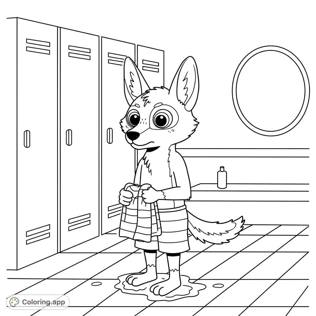 A funny jackal in a locker room after the beach, with distinct lines for fur and a tiled floor, perfect for a unique coloring adventure.