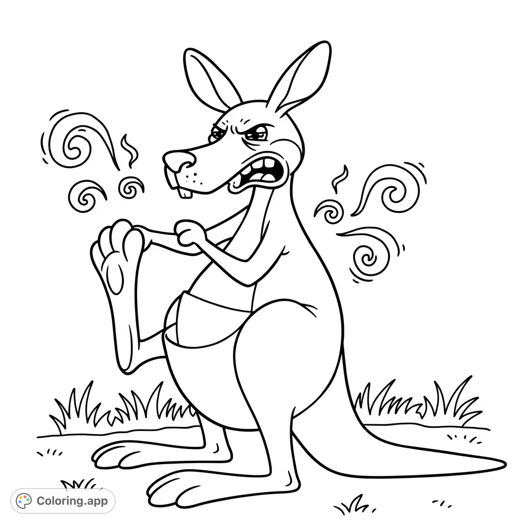 A hilarious kangaroo coloring page showing a cartoon kangaroo reacting comically to the smell of its own foot, with wavy lines indicating the scent.