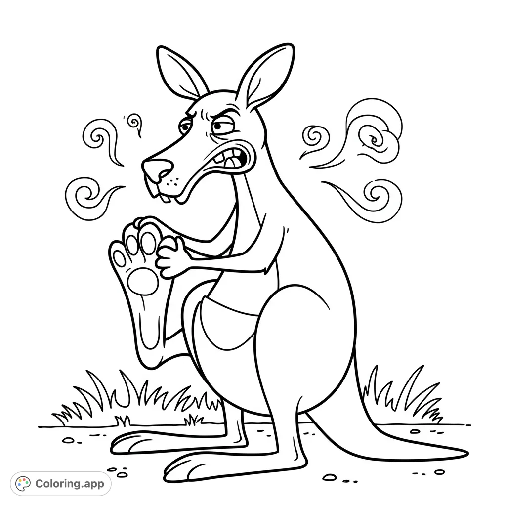 A hilarious kangaroo coloring page showing a cartoon kangaroo reacting comically to the smell of its own foot, with wavy lines indicating the scent.