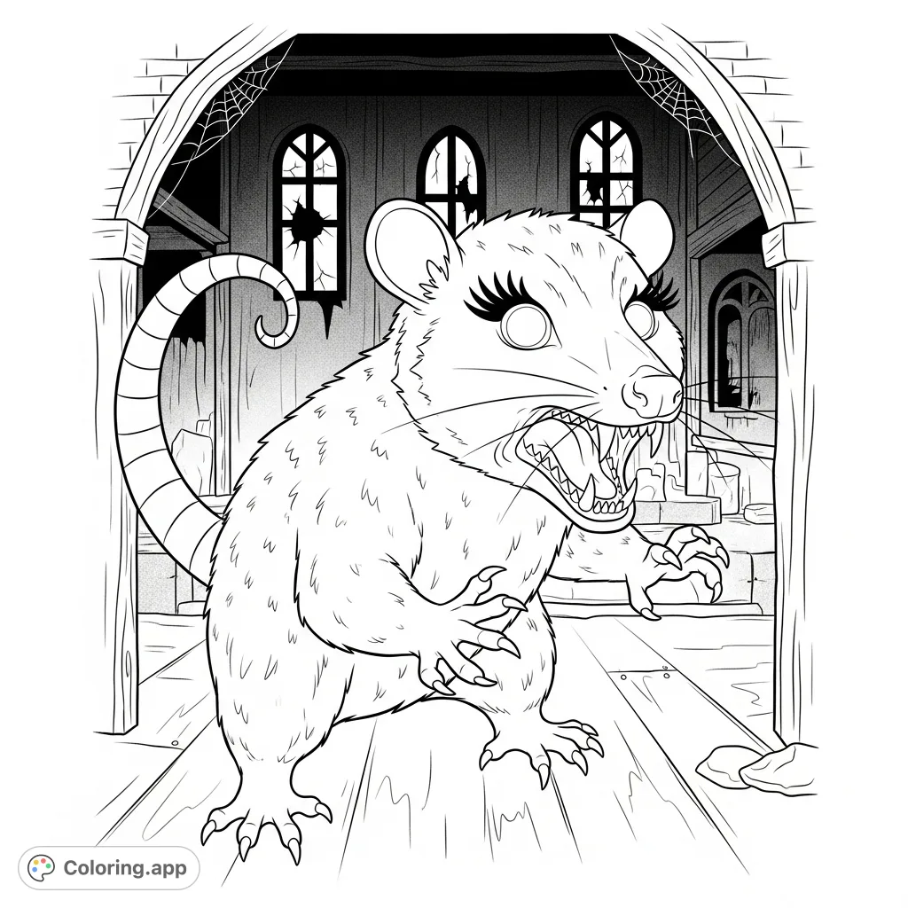 Meet Ophelia, a mysterious opossum, startled in a haunted house. Her fierce teeth, shimmering fur, and glowing eyes create a spooky Halloween scene.