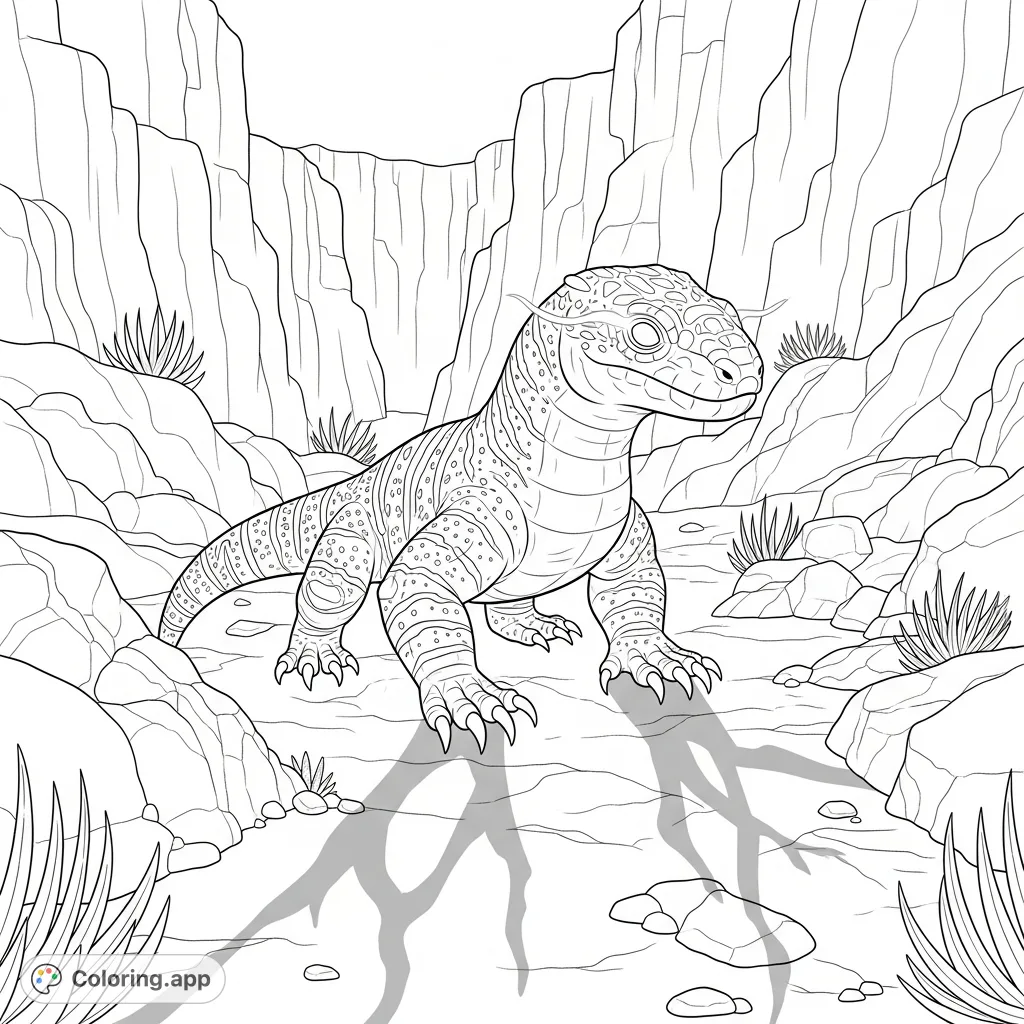 Color Potion, a sleek Gila monster with glowing eyes and sharp claws, exploring an eerie, shadow-filled canyon. A thrilling, free printable coloring page.