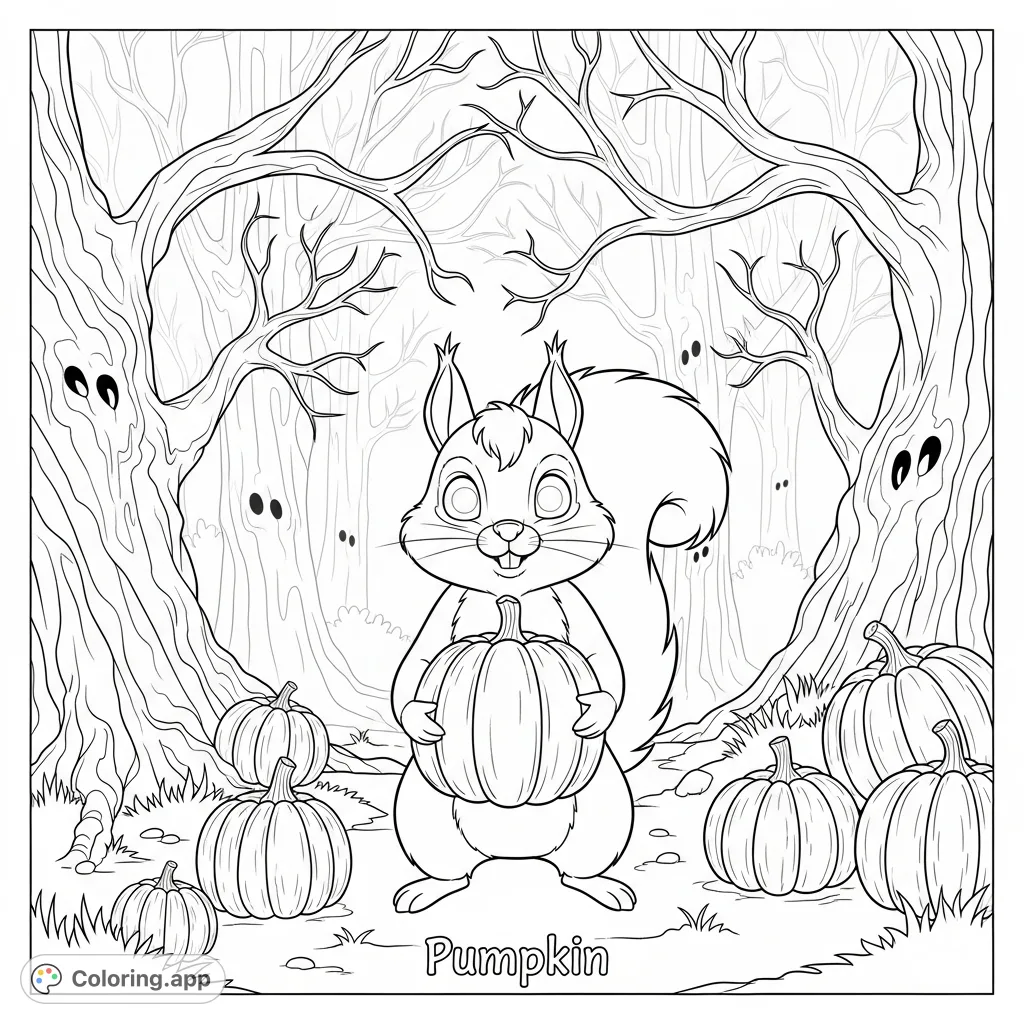 Join Pumpkin, the lively squirrel, in a mysterious haunted forest filled with pumpkins. A thrilling Halloween coloring page for creative fun!
