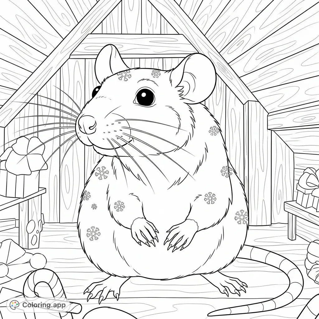 Meet Rolo, a lively rat with snowflake speckles, bright eyes, and a twitching nose, enjoying candy canes in a cozy wooden attic cabin.