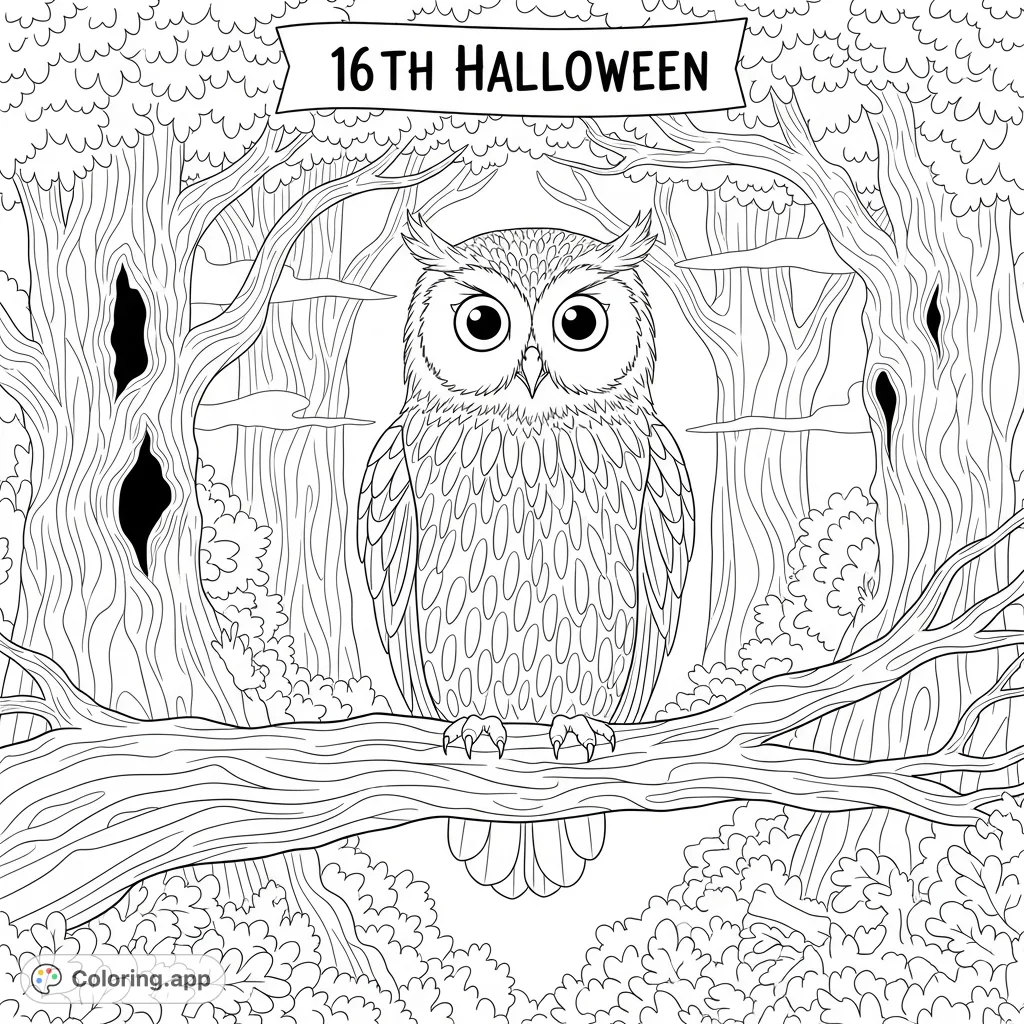 Discover Sally, the enchanting owl, perched in a mystical, enchanted forest. Her detailed feathers and prominent eyes invite creative coloring for a spooky Halloween scene.