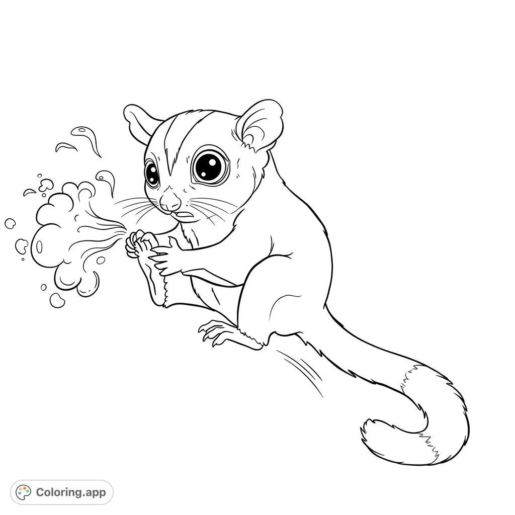 A playful sugar glider reacts to its own foot odor, with wavy lines depicting the scent. A fun, free printable sugar glider coloring page.
