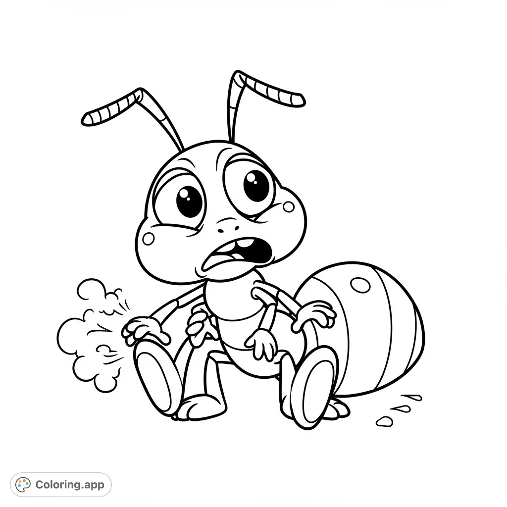 A surprised cartoon ant sits with a cloud of gas, perfect for a funny ant coloring page. Free printable coloring page for kids and adults.