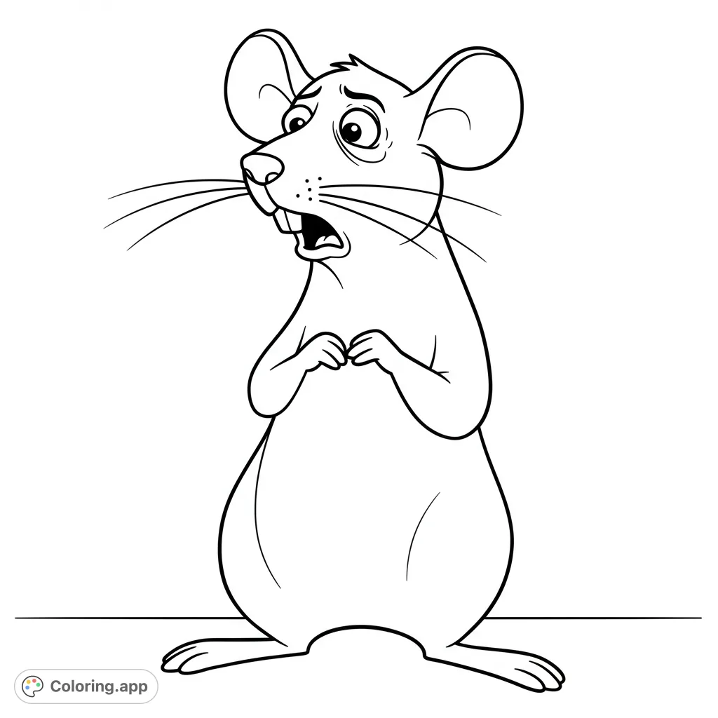 A humorous rat coloring page featuring a surprised rat reacting to its own tiny, smelly feet. Perfect for a unique and fun coloring experience!