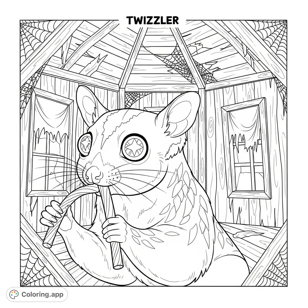 Meet Twizzler, the daring sugar glider, nibbling licorice in a spooky haunted shed. A fun Halloween coloring page for all ages!