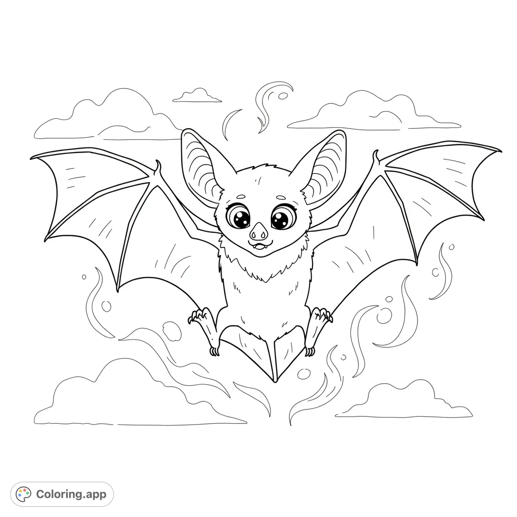 A whimsical bat inspects its feet, surrounded by swirling lines. A funny, free printable bat coloring page for all ages, perfect for creative expression.