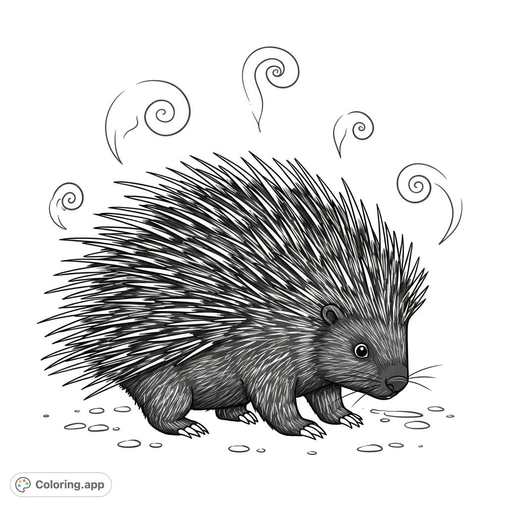 A funny porcupine coloring page featuring a surprised porcupine discovering its own comically pungent, green-scented feet. Perfect for a free printable coloring page!