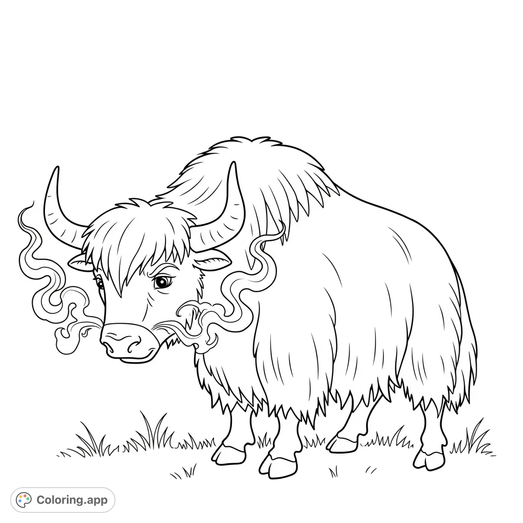 A humorous yak coloring page featuring a shaggy yak wincing at its own stinky hoof, with stylized wisps rising. A fun, free printable animal coloring page.