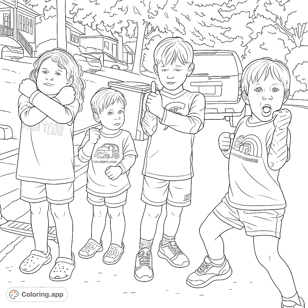 A lively neighborhood scene featuring four children striking playful poses on a sidewalk, with houses and trees in the background. Perfect for kids.