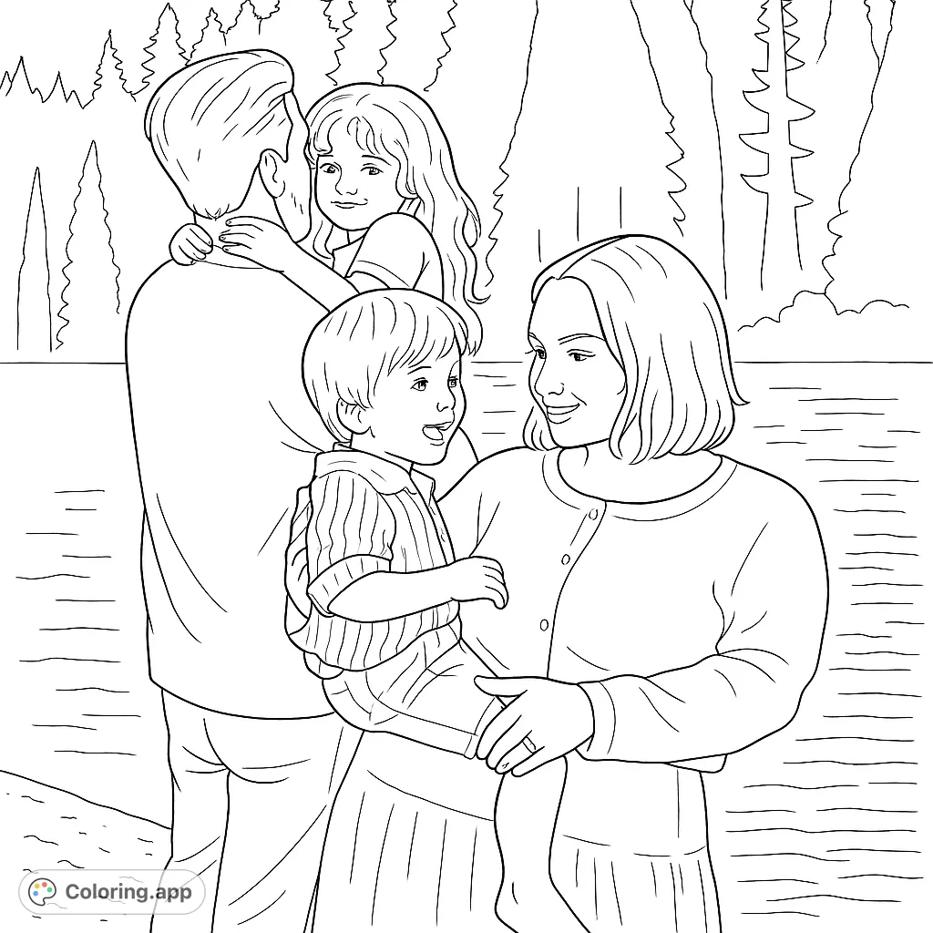 A heartwarming family coloring page featuring a mother, father, daughter, and son enjoying an outdoor moment by a lake with trees.