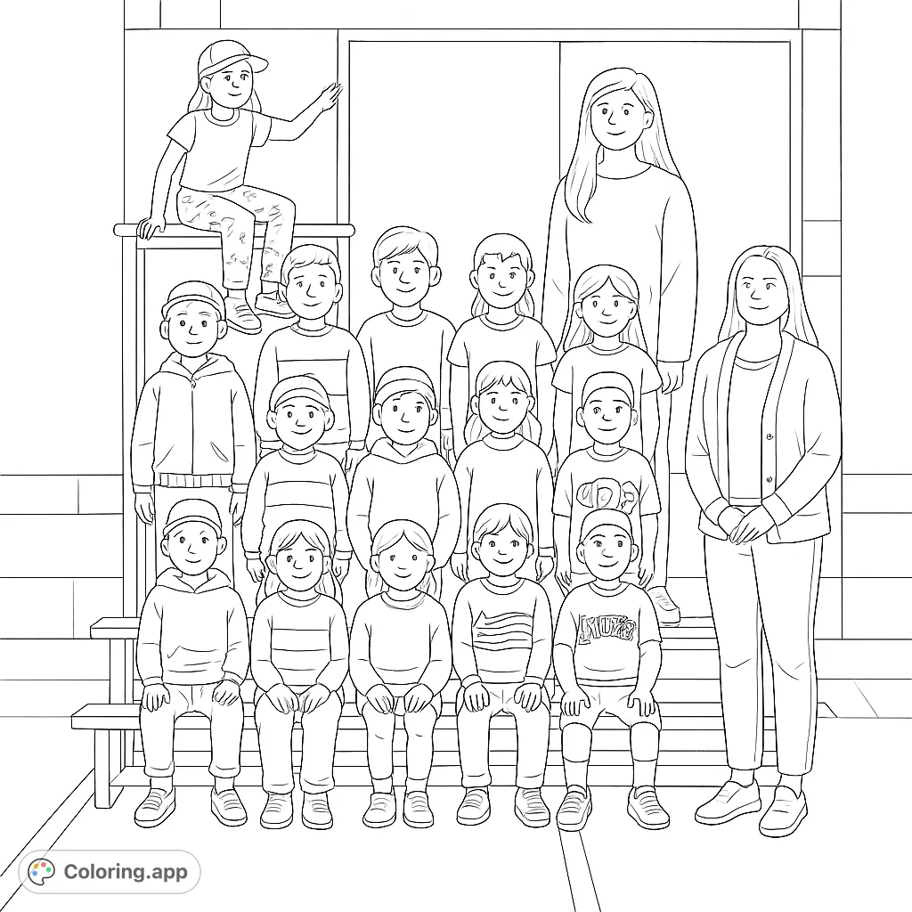 Capture school memories with this free printable class photo coloring page featuring smiling students and teachers. Perfect for kids and adults!