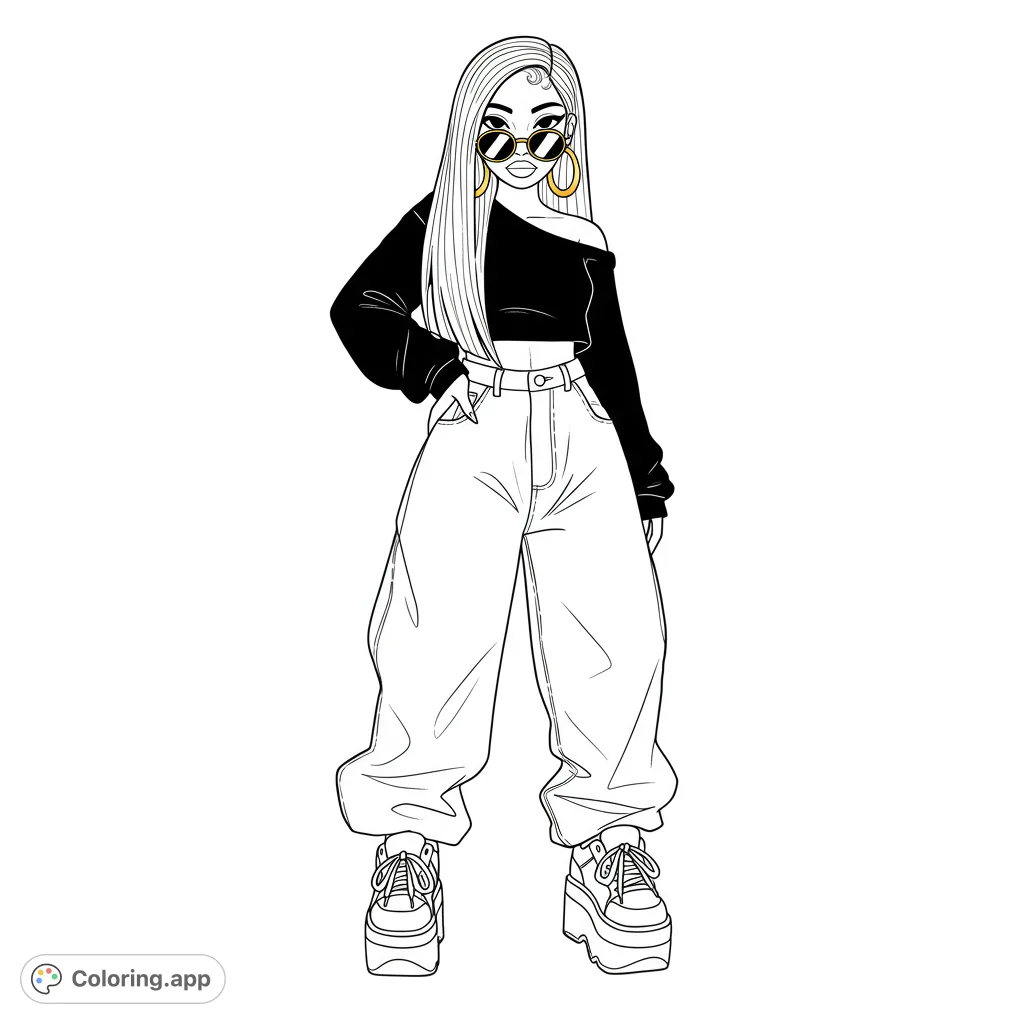 A trendy girl in an off-shoulder crop top, baggy jeans, and platform sneakers, perfect for fashion enthusiasts to color and express their unique style.